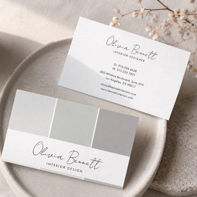 Redigerbart dammigt grått färg, modern inredningsd visitkort (Editable Dust Grey Color, Modern Interior Designer Business Card)