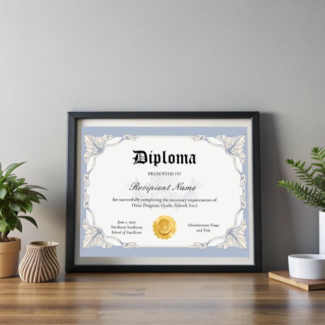 Redigerbart diplomatcertifikat för Studenten 11x8. (Editable Diploma Certificate of Graduation 11x8.5)