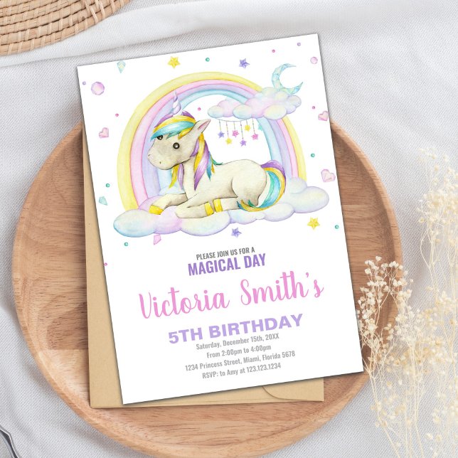 Redigerbart Flickls Fantasy Party-kort med Pastel Inbjudningar (Rainbow Cloud Unicorn Birthday Invitations)