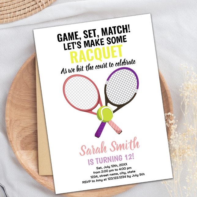 Redigerbart flicksportkort Party med racket Inbjudningar (Pink Purple Tennis Birthday Invitations)