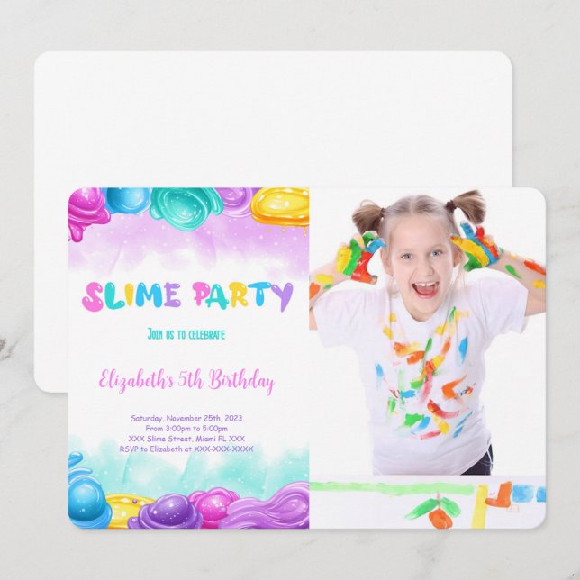 Redigerbart foto för Födelsedagsfesten Slime Inbjudningar (Fram/baksida)
