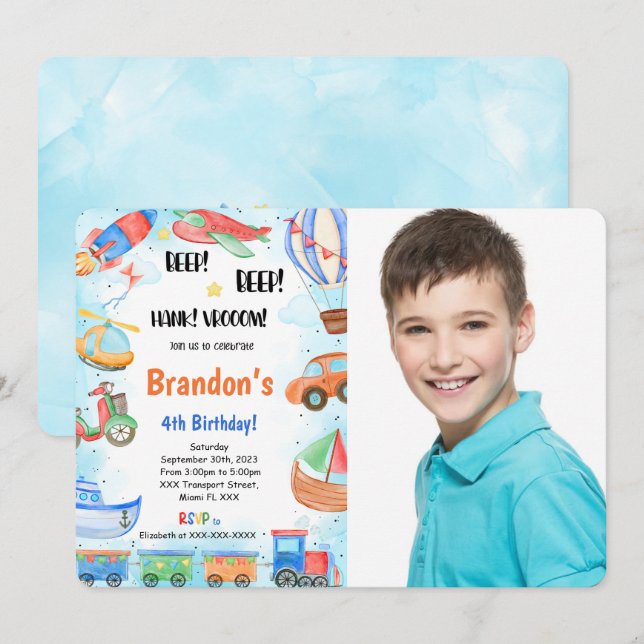 Redigerbart foto för Födelsedagsfesten Transport Inbjudningar (Fram/baksida)