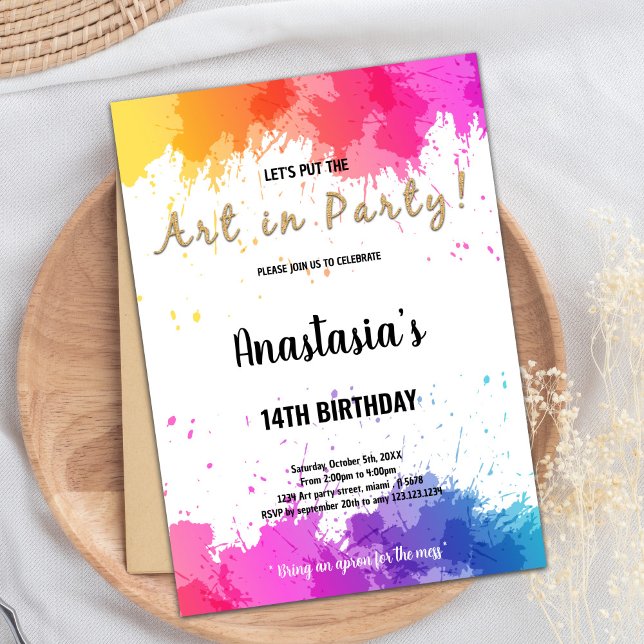 Redigerbart Girls Art Party-kort med Stänk-pensel Inbjudningar (Pink Purple Paint Invitations)