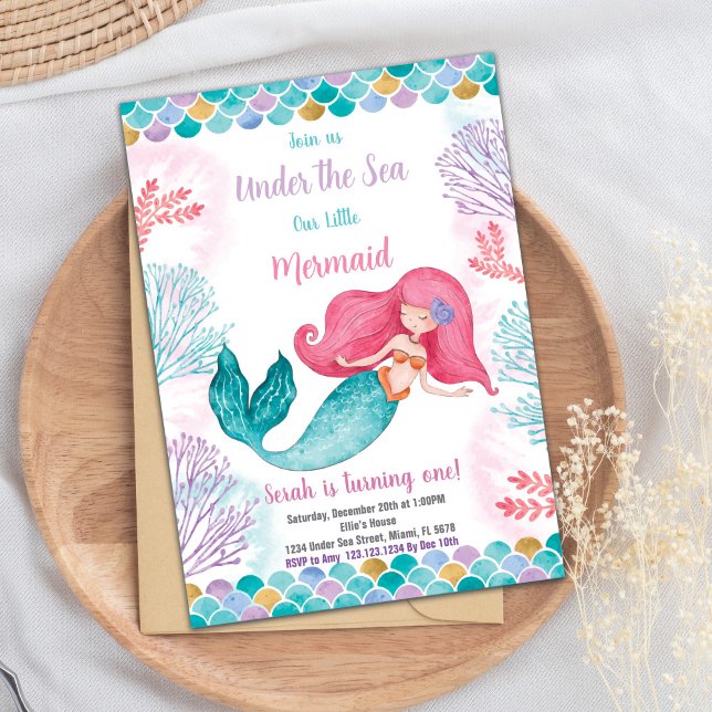 Redigerbart Girls Ocean-Temaparty-kort med Starfis Inbjudningar (Under the sea Mermaid Birthday Invitation)