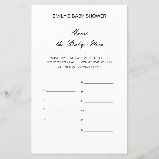 Redigerbart Gissa barnartikeln Baby Shower-spel (Framsida)
