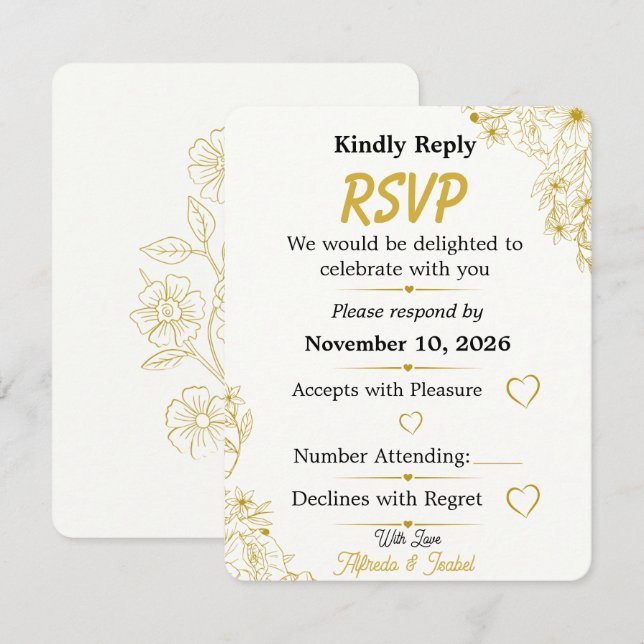 Redigerbart guld blommig bröllop RSVP inbjudan (Fram/baksida)