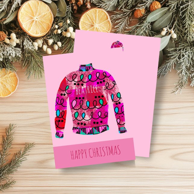 Redigerbart gult Helgdag-kort för Rosa Helgkort (Pink Ugly Sweater Christmas Card)