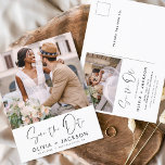 Redigerbart handsskrivet vitt Spara datumfoto Vykort<br><div class="desc">Modern och Elegant Photo Save the Date Bröllop Card. Datuminbjudan innehåller vit handsauktoriserad typografi och chic och enkel design på en vit bakgrund som du kan lägga till ditt anpassade förlovning-fotografi bild till.</div>