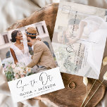 Redigerbart handsskrivet vitt Spara datumfoto Vykort<br><div class="desc">Modern och Elegant Photo Save the Date Bröllop Card. Datuminbjudan innehåller vit handsauktoriserad typografi och chic och enkel design på en vit bakgrund som du kan lägga till ditt anpassade förlovning-fotografi bild till.</div>