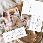 Redigerbart handsskrivet vitt Spara datumfoto Vykort<br><div class="desc">Modern och Elegant Photo Save the Date Bröllop Card. Datuminbjudan innehåller vit handsauktoriserad typografi och chic och enkel design på en vit bakgrund som du kan lägga till ditt anpassade förlovning-fotografi bild till.</div>