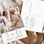 Redigerbart handsskrivet vitt Spara datumfoto Vykort<br><div class="desc">Modern och Elegant Photo Save the Date Bröllop Card. Datuminbjudan innehåller vit handsauktoriserad typografi och chic och enkel design på en vit bakgrund som du kan lägga till ditt anpassade förlovning-fotografi bild till.</div>