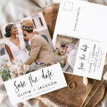 Redigerbart handsskrivet vitt Spara datumfoto Vykort<br><div class="desc">Modern och Elegant Photo Save the Date Bröllop Card. Datuminbjudan innehåller vit handsauktoriserad typografi och chic och enkel design på en vit bakgrund som du kan lägga till ditt anpassade förlovning-fotografi bild till.</div>