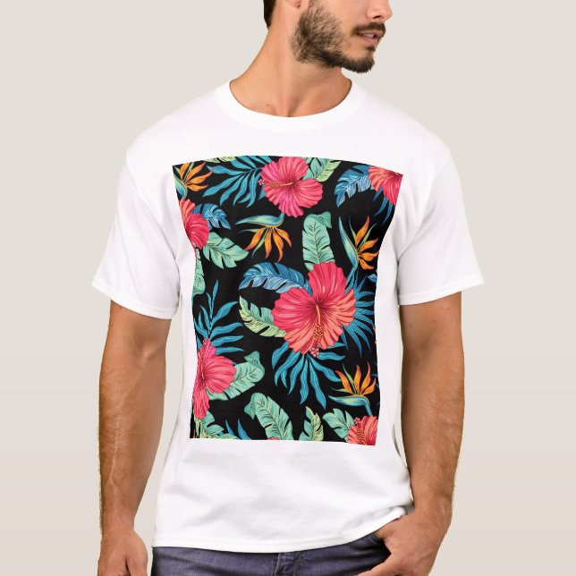 Redigerbart hibiscus, blommönstret vintage t shirt (Framsida)