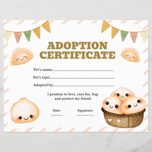 Redigerbart intyg för adoption av squishy dumpling reklamblad (Framsidan)