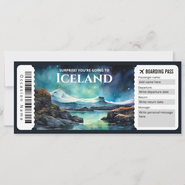 Redigerbart Island-boardingkort Flygplan biljett Inbjudningar (Framsida)