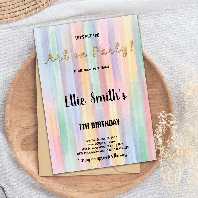 Redigerbart Kids Art Party-kort med färgfull pense Inbjudningar (Rainbow Paint Birthday Invitations)