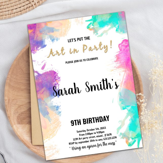 Redigerbart Kids Art Party-kort med Stänk Design Inbjudningar (Purple Paint Birthday Invitations)
