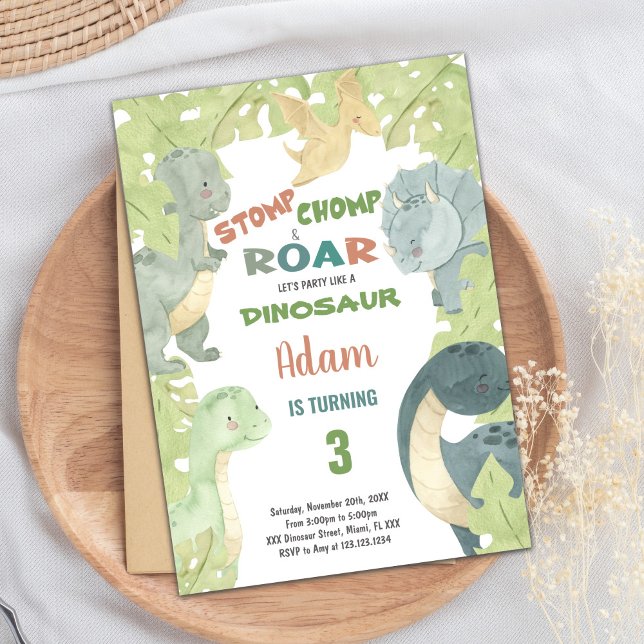 Redigerbart Kids Party-kort med T-Rex och Jungle-t Inbjudningar (Green Dinosaur Invitations)