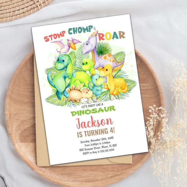 Redigerbart Kids Party-kort med T-Rex och Jungle-t Inbjudningar (Green Dinosaur Birthday Invitations)