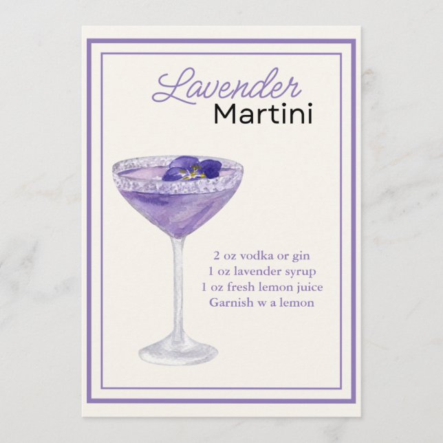 Redigerbart lavender Martini-receptkort Meny (Framsida)