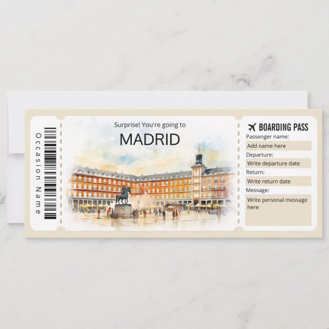 Redigerbart Madrids boardingpass Spanien Flygplan  Inbjudningar (Framsida)