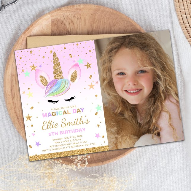 Redigerbart Magic Kids Party-kort Inbjudningar (Glitter Golden Unicorn Invitations with photo)