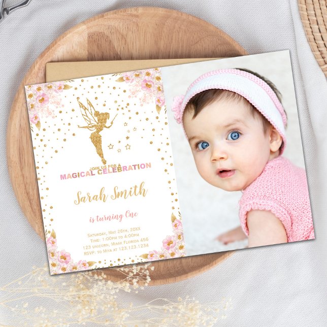 Redigerbart Magic Party-kort Inbjudningar (Pink Glitter Fairy Birthday Invitations with photo)