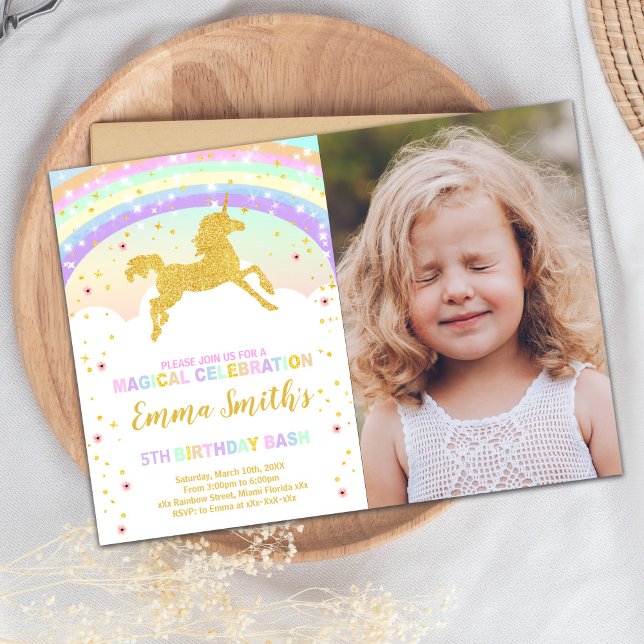Redigerbart Magic Party-kort Inbjudningar (Gold Glitter Rainbow Unicorn Invitations Photo)