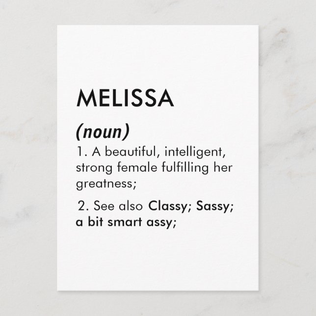Redigerbart Melissa namn definition, anpassat namn Vykort (Framsida)
