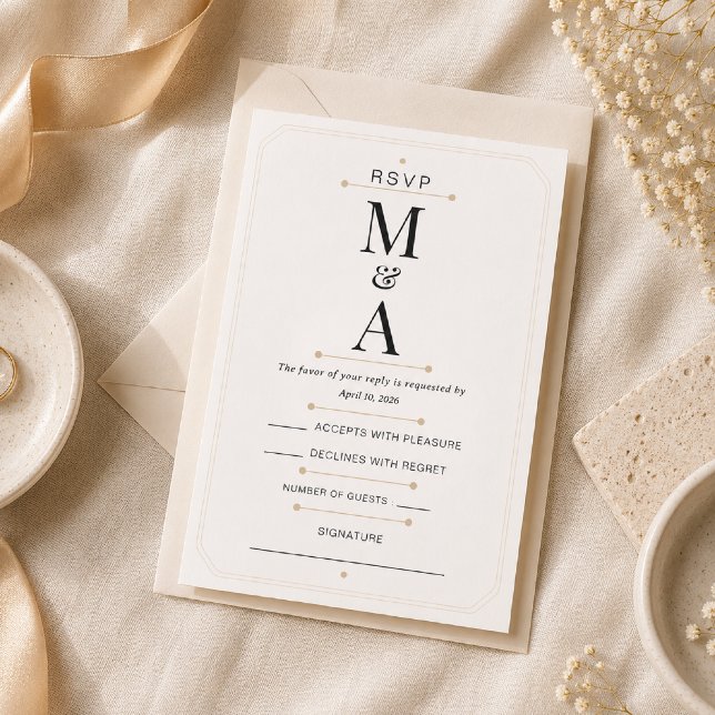 Redigerbart Monogram Minimal Lyx RSVP-kort OSA Kort (Elegant Monogram RSVP Card for a timeless luxury black tie wedding.)
