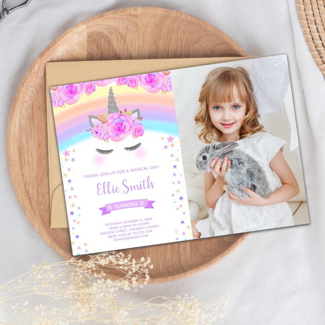 Redigerbart Party-kort Inbjudningar (Purple Unicorn Birthday Invitation with photo)