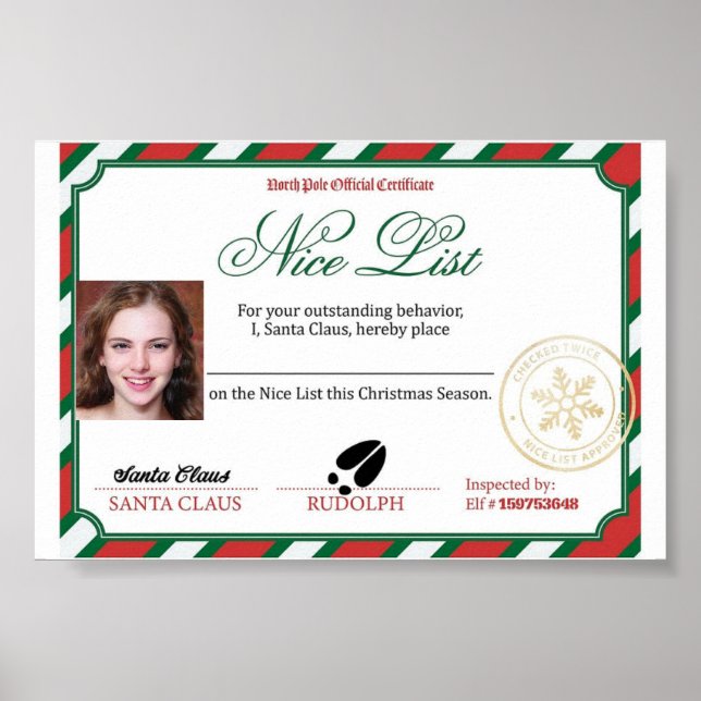 Redigerbart Photo Santas Nice-listcertifikat Poster (Framsidan)