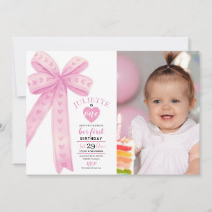 Redigerbart Rosa Bow First Girls Birthday Photo Inbjudningar