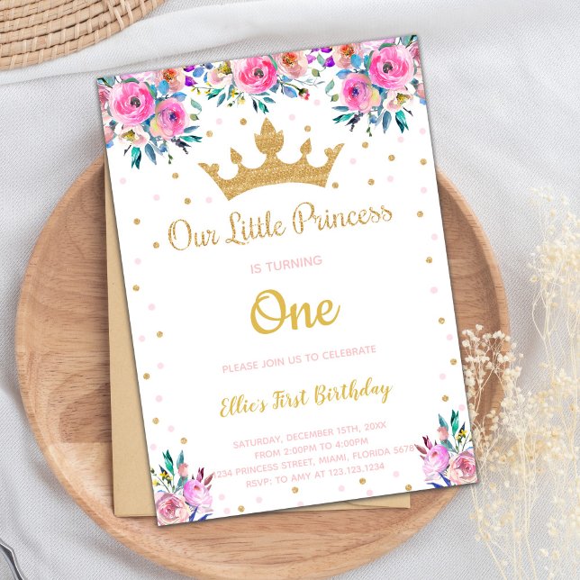 Redigerbart Royal Party för flickor Inbjudningar (Floral Crown Glitter Princess Birthday Invitations)