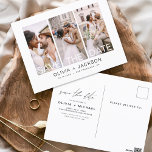 Redigerbart Spara datum 3 fotovit som sades Vykort<br><div class="desc">Modern och Elegant Photo Save the Date Bröllop Card. Datuminbjudan innehåller vit typografi och chic och enkel design på en vit bakgrund som du kan lägga till ditt anpassade förlovning-fotografi bild till.</div>