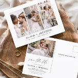 Redigerbart Spara datum 4 fotovit som sades Vykort<br><div class="desc">Modern och Elegant Photo Save the Date Bröllop Card. Datuminbjudan innehåller vit typografi och chic och enkel design på en vit bakgrund som du kan lägga till ditt anpassade förlovning-fotografi bild till.</div>