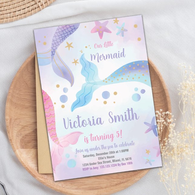 Redigerbart under Sea Party Card för flickor Inbjudningar (Mermaid Tails Birthday Invitation)