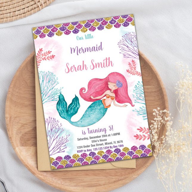 Redigerbart under Sea Party Card med Ocean Themme Inbjudningar (Green Mermaid Birthday Invitation)