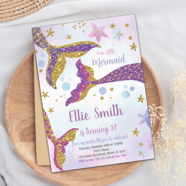 Redigerbart under Sea Party Card med regnbåge Inbjudningar (Mermaid Tails Glitter Birthday Invitation)