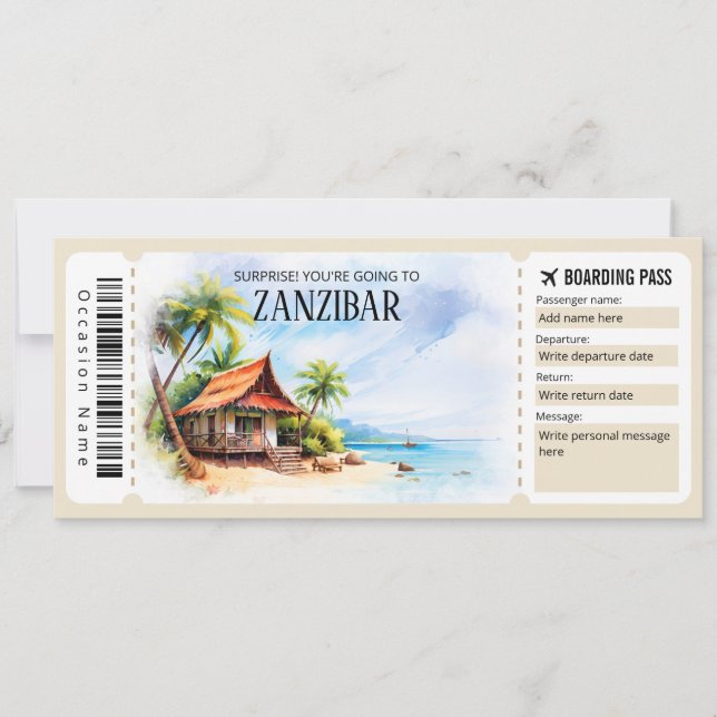Redigerbart Zanzibar Tanzania Flygplan-boardingpas Inbjudningar (Framsida)