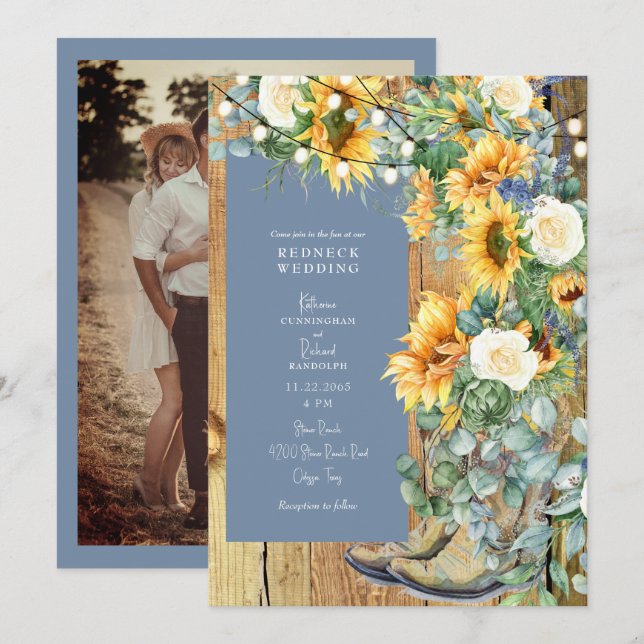 Rednacken Bröllop CowboyBoots String Periwinkle Inbjudningar (Fram/baksida)