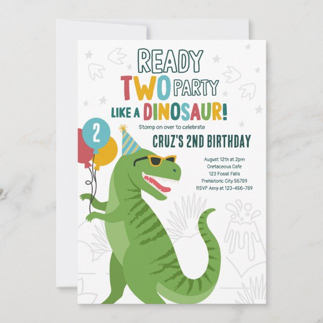 Redo 2 Party Dinosaur T-Rex 2:a födelsedagen Party Inbjudningar (Framsida)