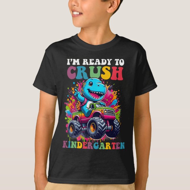 Redo att krossa förskole dinosaurie lastbilsdesign t shirt (Framsida)
