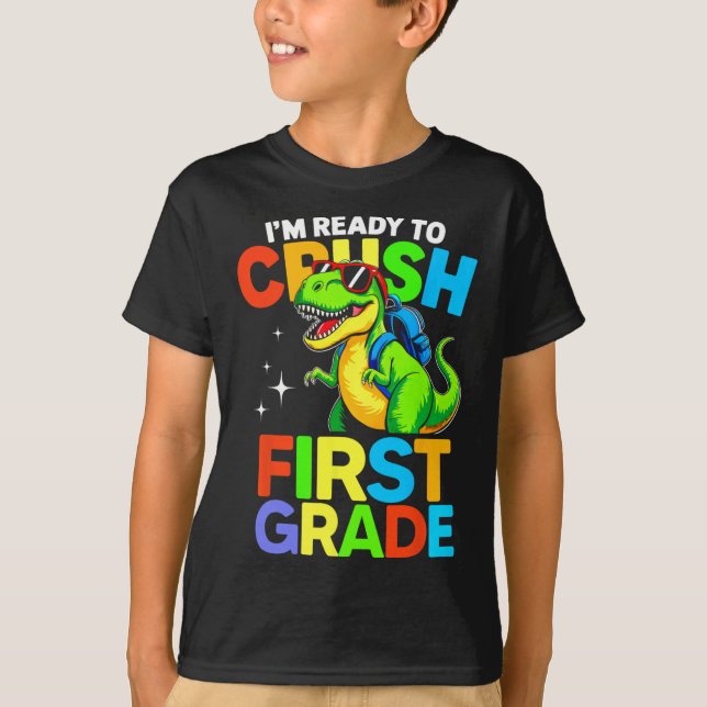 Redo att krossa första klass första skoldagen Dino T Shirt (Framsida)