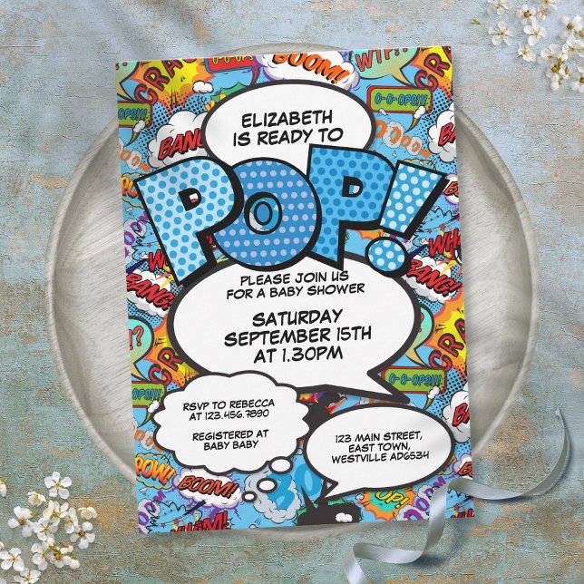 Redo att Poppa Baby Shower Serietidning Modern Blå Inbjudningar (Ready to Pop Baby Shower Comic Book Modern Blue Invitation)