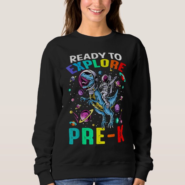 Redo att utforska Pre K Astronaut Dinosaurie Rymde T Shirt (Framsida)