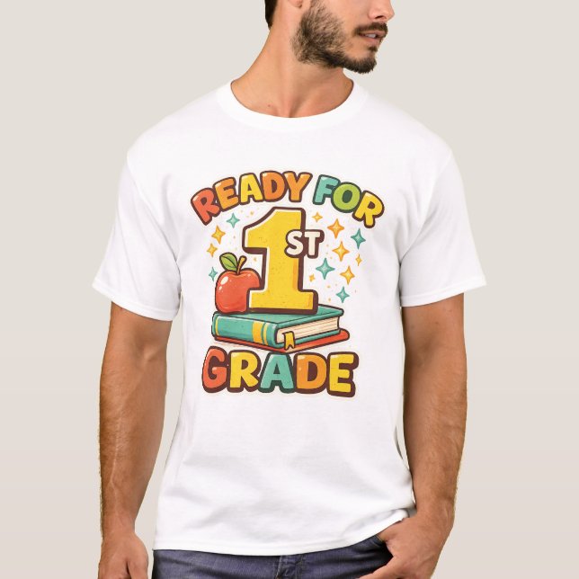Redo för 1:a klass Retro Apple-bok Första dagen  T Shirt (Framsida)