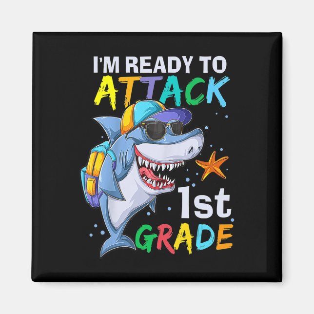Redo för att angripa Klass 1:a Shark Back to schoo Magnet (Framsidan)