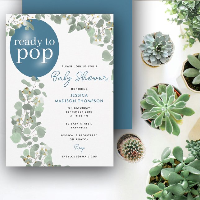 Redo för att Pop Boy Eukalyptus Ballong Baby Showe Inbjudningar (Ready to Pop Boy Eucalyptus Balloon Baby Shower Invitation)