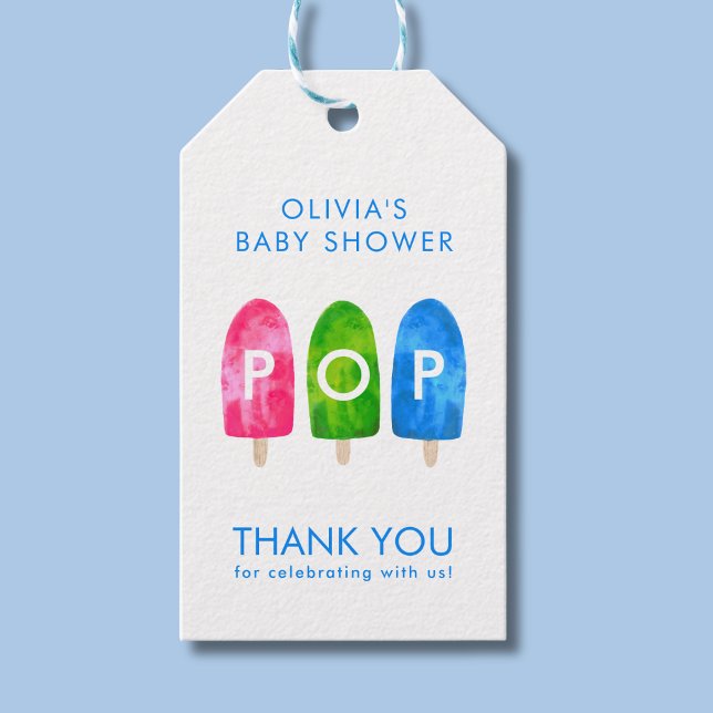 Redo för att Pop färgglad Blå Bebis Bjudning Presentetikett (Ready to pop Baby Shower Thank you gift tag)